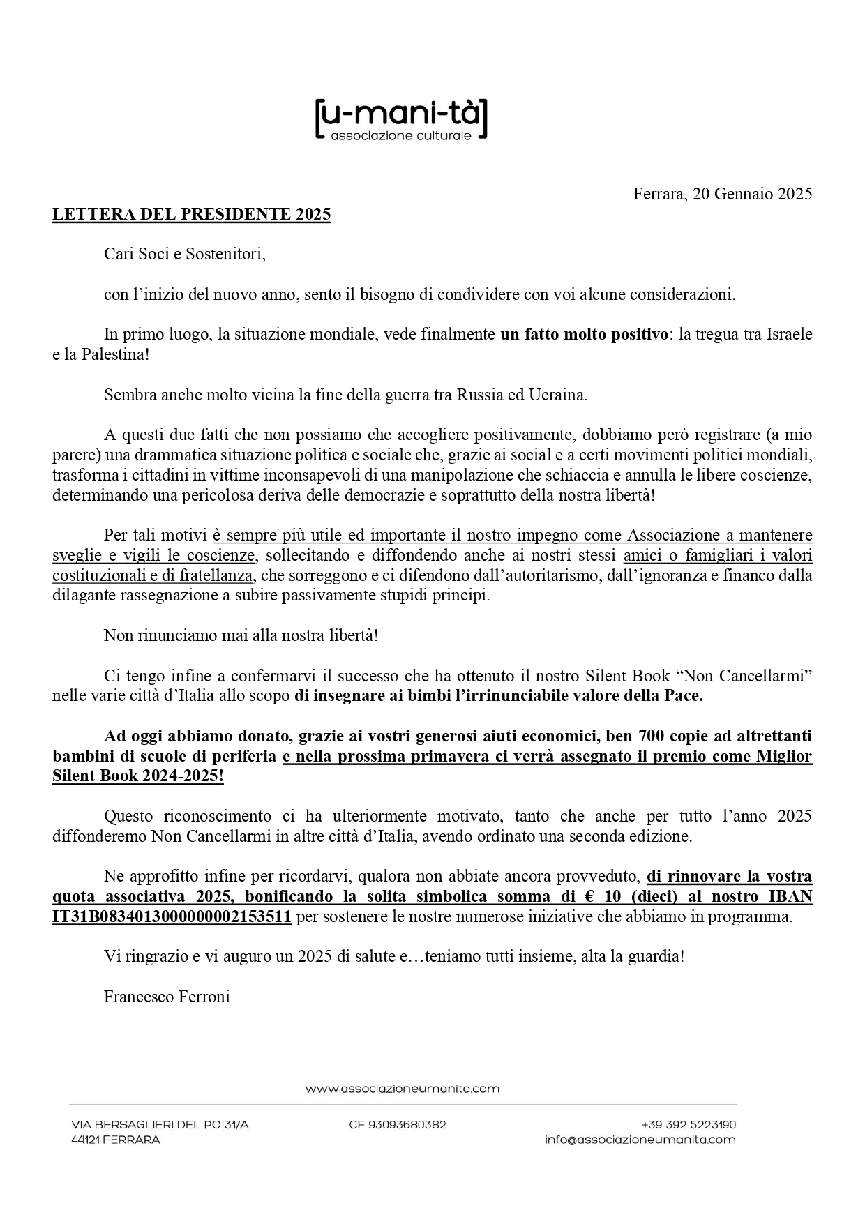 LETTERA DEL PRESIDENTE 2025